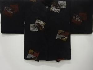 大正ロマン　漆　破れ色紙に霞模様織出し　一ツ紋羽織